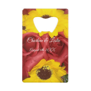 Wedding Sunflower Roses Photo with Names Credit Card Bottle Opener