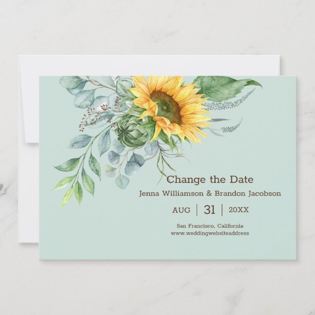 Wedding Sunflower Rustic Change the Date Green Save The Date (Front)