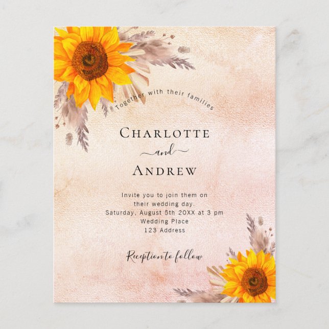 Wedding sunflowers boho pampas grass blush budget flyer (Front)