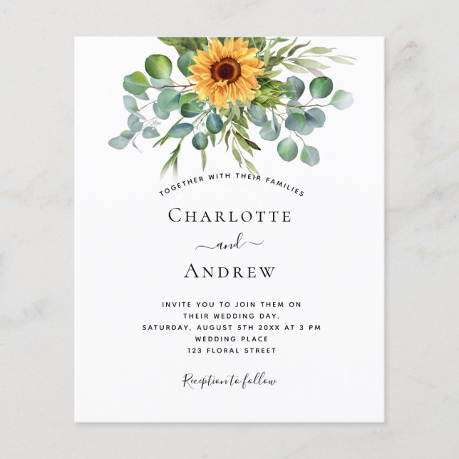 Wedding sunflowers eucalyptus navy blue budget flyer (Front)