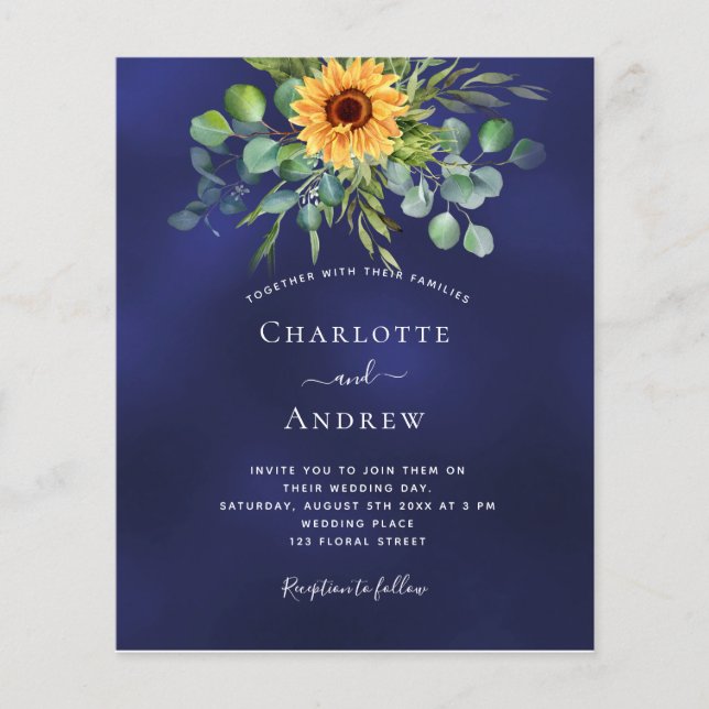 Wedding sunflowers eucalyptus navy blue budget flyer (Front)