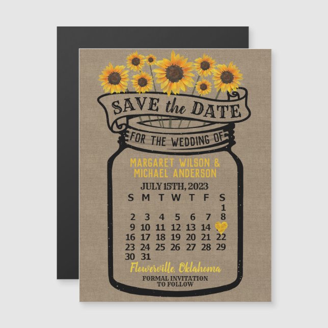 Wedding Sunflowers Mason Jar July 2023 Date Magnet (Front/Back)