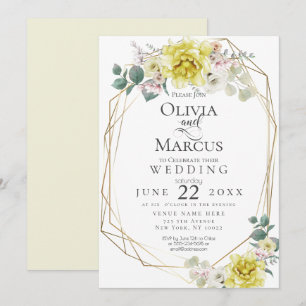 Wedding Sunny Yellow Peony Watercolor Flowers Invitation