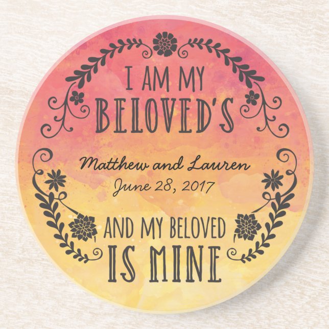 Wedding Sunset Watercolor, I Am My Beloved's Coaster (Front)