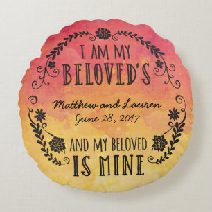 Wedding Sunset Watercolor, I Am My Beloved's Round Pillow
