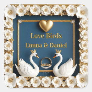 Wedding Swan Custom Name Blue Decor 💍 Square Sticker