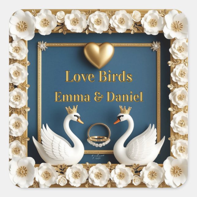 Wedding Swan Custom Name Blue Decor 💍 Square Sticker (Front)