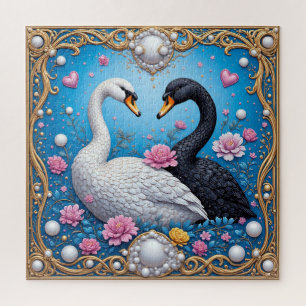 Wedding Swans Framed with Gold and Blossoms Jigsaw Puzzle