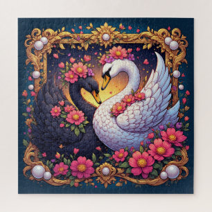Wedding Swans Framed with Gold and Blossoms Jigsaw Puzzle