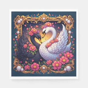 Wedding Swans Framed with Gold and Blossoms Napkin