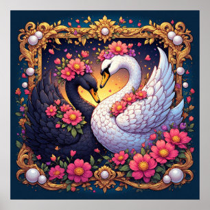 Wedding Swans Framed with Gold and Blossoms Poster