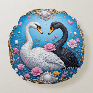 Wedding Swans Framed with Gold and Blossoms Round Pillow