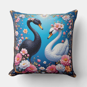 Wedding Swans Framed with Gold and Blossoms Throw Pillow
