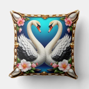 Wedding Swans Framed with Gold and Blossoms Throw Pillow