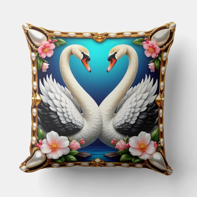Wedding Swans Framed with Gold and Blossoms Throw Pillow (Front)