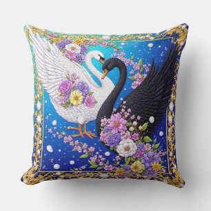 Wedding Swans Framed with Gold and Blossoms Throw Pillow