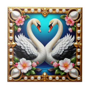 🦢 Wedding Swans Gold Frame Floral Romantic Art  Tile