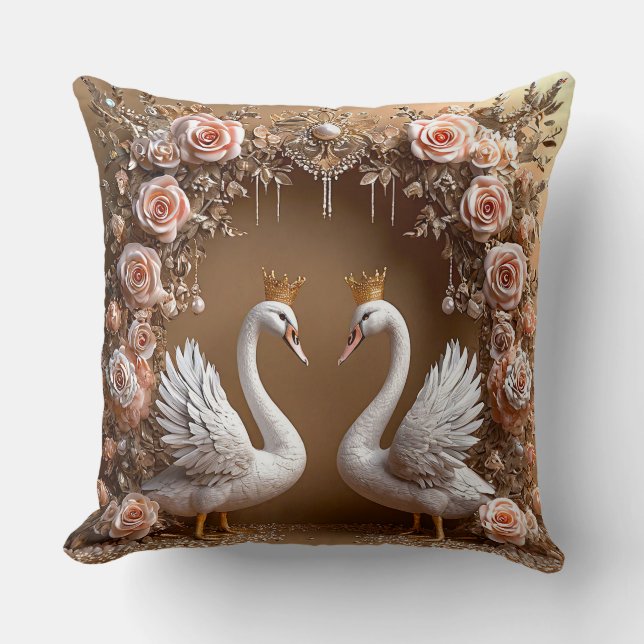 Wedding Swans Gold & Pearl Romantic Love Birds Throw Pillow (Front)