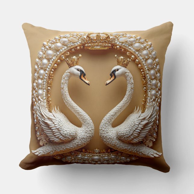 Wedding Swans Gold & Pearl Romantic Swan Love Bird Throw Pillow (Front)