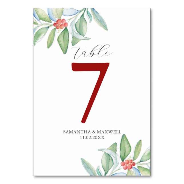 Wedding Table Number Botanical Christmas Greenery (Front)
