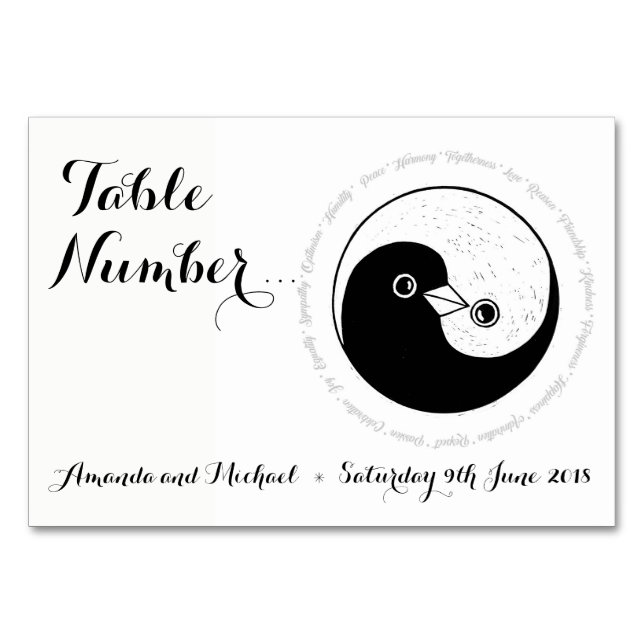 WEDDING TABLE NUMBER CARD. b/w doves YinYang (Front)