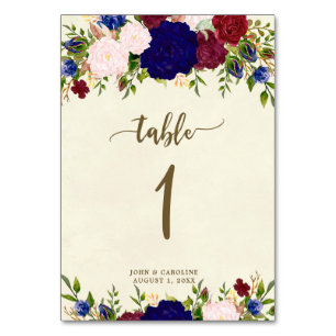 Wedding table number card boho navy marsala