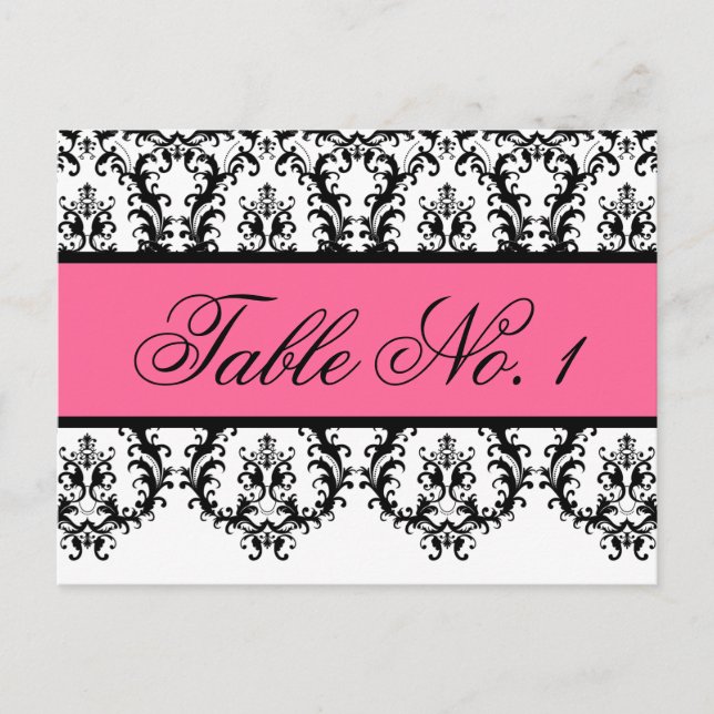 Wedding Table Number Cards Black Damask Pink (Front)