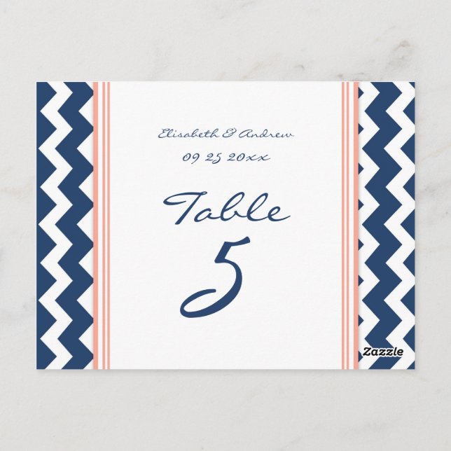 Wedding Table Number Cards Coral Blue Chevron (Back)