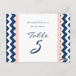 Wedding Table Number Cards Coral Blue Chevron