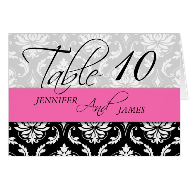 Wedding Table Number Cards Damask Hot Pink (Front Horizontal)