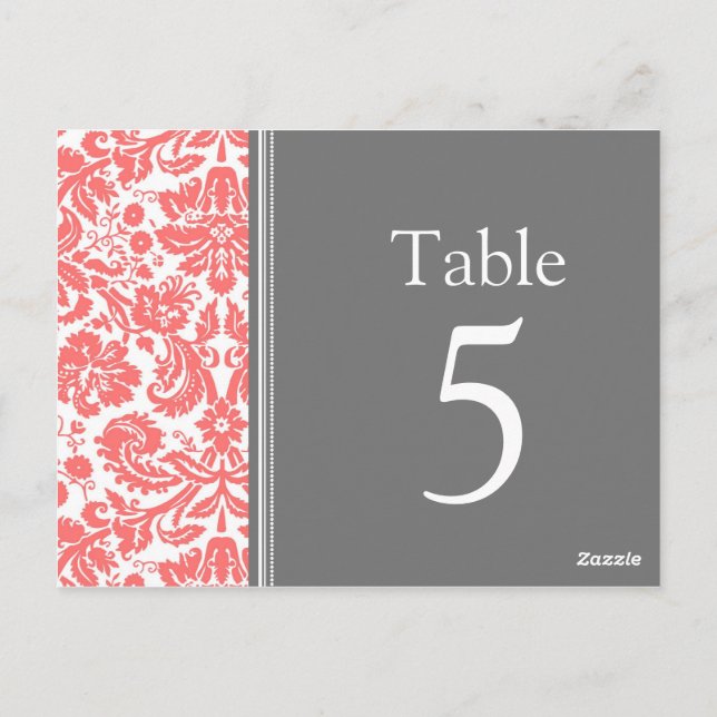 Wedding Table Number Cards Grey Coral (Back)