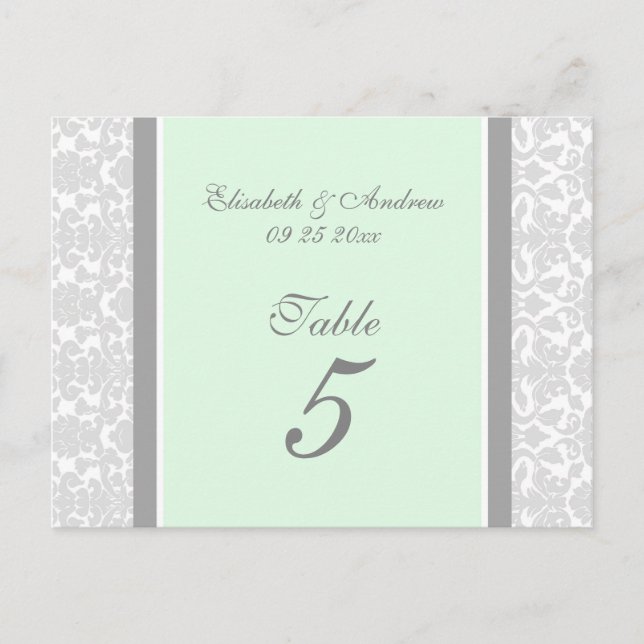 Wedding Table Number Cards Mint Grey Damask (Front)