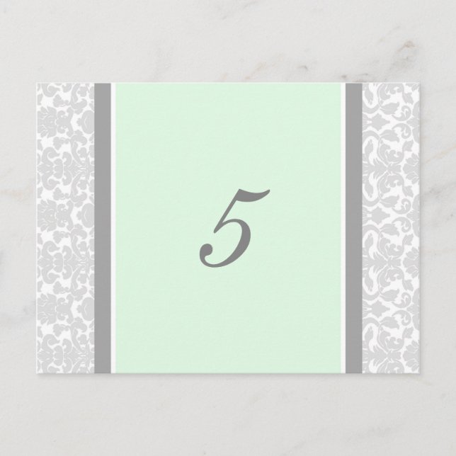 Wedding Table Number Cards Mint Grey Damask (Front)