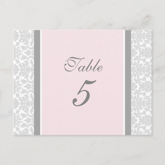 Wedding Table Number Cards Pink Grey Damask (Front)