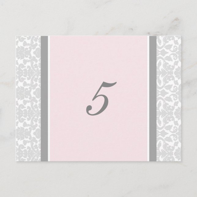 Wedding Table Number Cards Pink Grey Damask (Front)