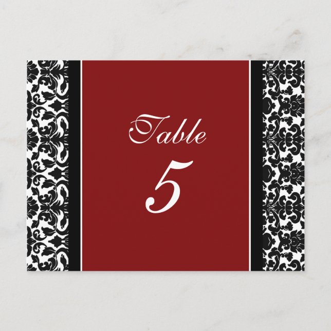 Wedding Table Number Cards Red Damask (Front)