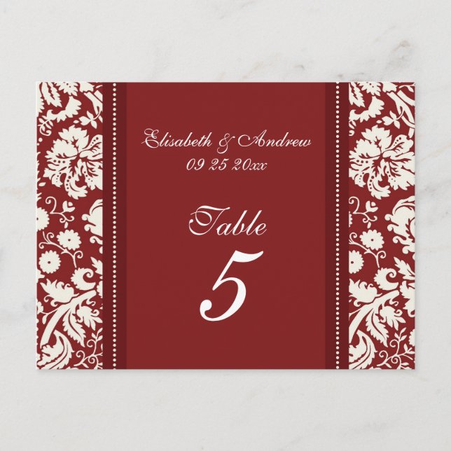 Wedding Table Number Cards Red Damask (Front)