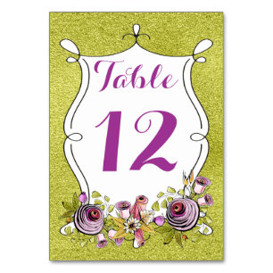 Wedding Table Number, FAUX Green Foil, Flowers Table Number