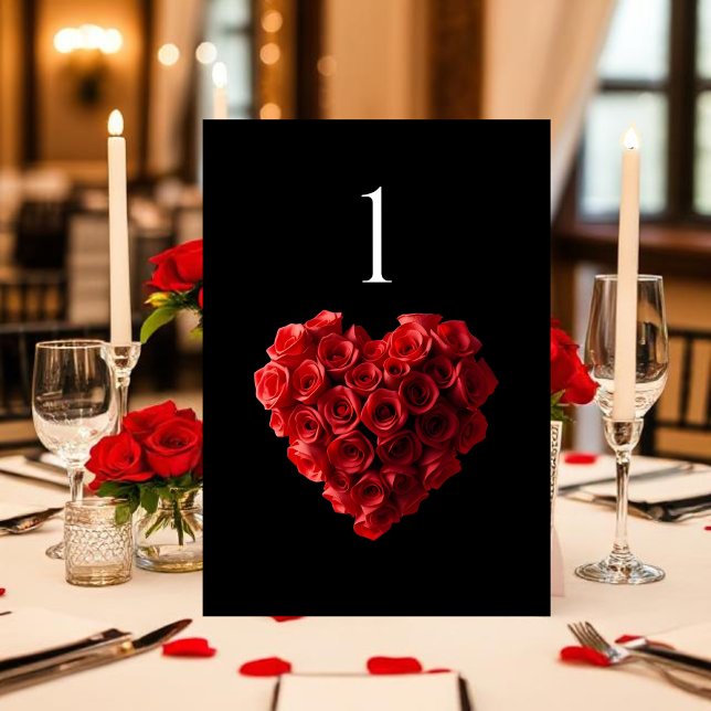 Wedding Table Number-Heart Shaped Red Roses- Number (Red Roses in the Shape of a Heart Wedding Collection- Black and White)