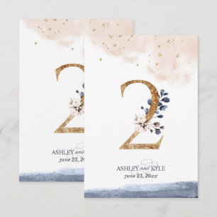 Wedding table number in navy, blush, and gold