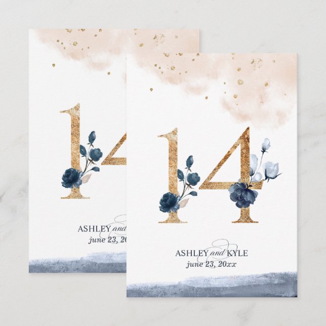 Wedding table number in navy, blush, and gold (Front/Back)