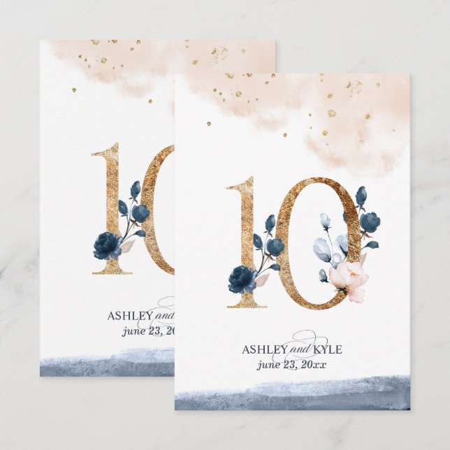 Wedding table number in navy, blush, and gold (Front/Back)