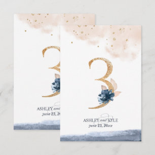 Wedding table number in navy, blush, and gold