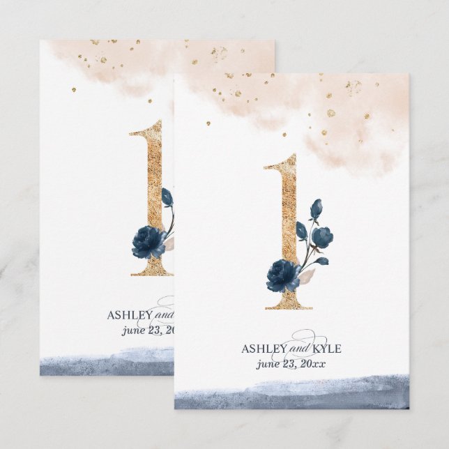 Wedding table number in navy, blush, and gold (Front/Back)