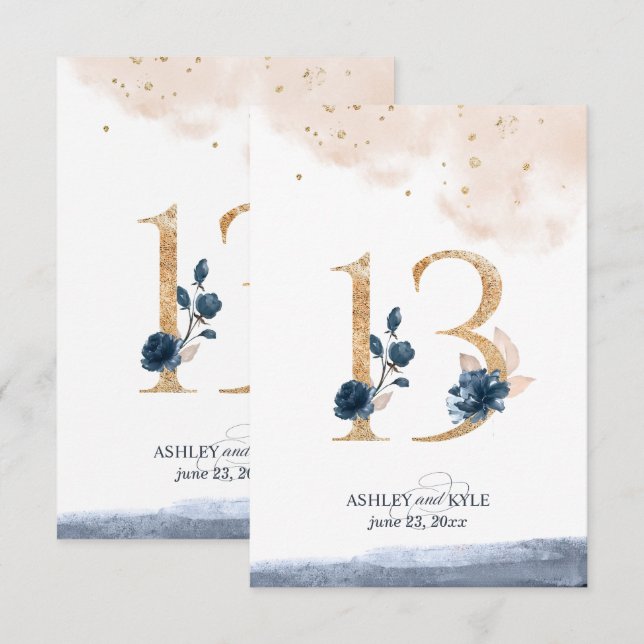 Wedding table number in navy, blush, and gold (Front/Back)