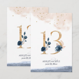 Wedding table number in navy, blush, and gold