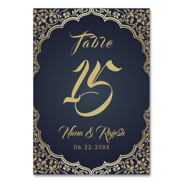 Wedding Table Number, Indian Wedding, Blue, Gold Number (Front)