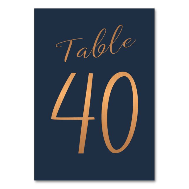 Wedding table number rose gold copper glitter navy (Front)