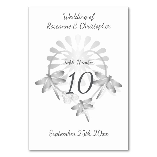 Wedding Table Number Silver Dragonflies Heart (Front)