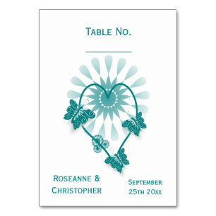 Wedding Table Number Teal Butterflies Heart